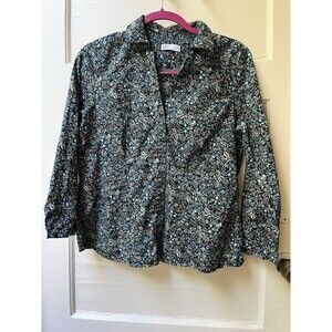 Croft & Barrow Women’s Blouse PM Green Garden Fairy Floral Dark Romantic Cotton